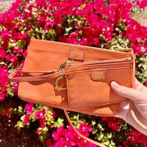 Fossil Terracotta Leather Crossbody Bag and Matching Card Case Set Boho EUC